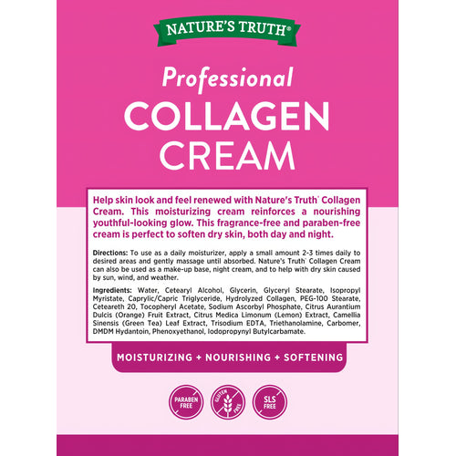 Nature's Truth Professional Collagen Cream 4 oz jar featuring Paraben Free, Gluten Free, and SLS Free badges.