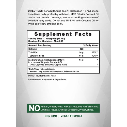 MCT Oil bottle: No Gluten, Wheat, Yeast, Milk, Lactose, Soy, Artificial Color/Flavor/Sweetener/Preservatives, NON-GMO, VEGAN FORMULA