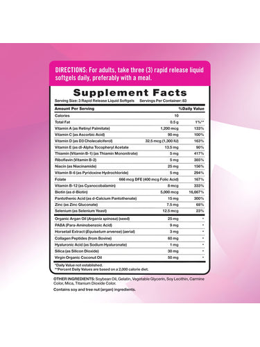 Image of the Supplement Facts panel for NT Hair, Skin, Nails 250 Softgels.