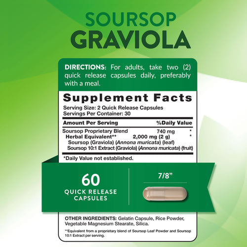 Supplement Facts for NT Soursop Graviola 60 Capsules displayed clearly.