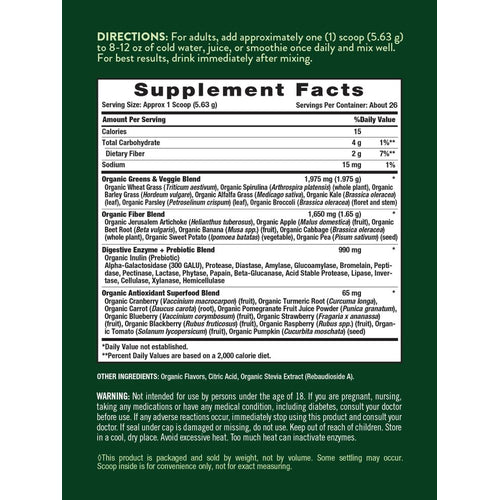 Supplement Facts panel for NT Greens Powder Strawberry Kiwi 5.18 Oz.