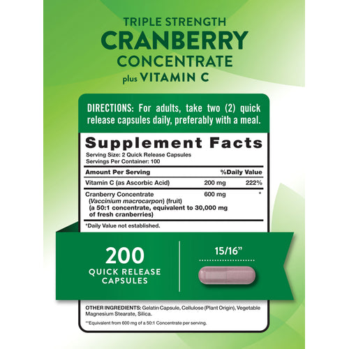 Supplement Facts panel for Triple Strength Cranberry Concentrate plus Vitamin C, featuring 200 Quick Release Capsules.