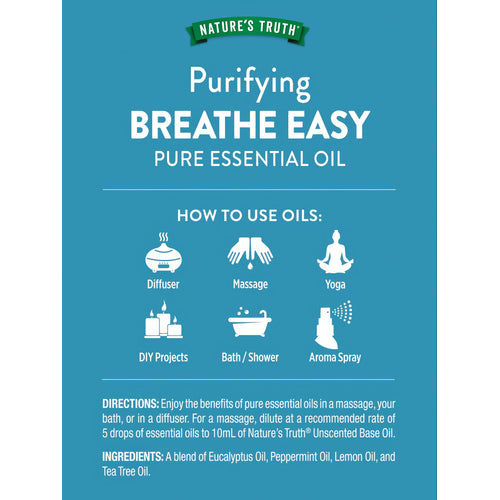 Breathe Easy Essential Oil infographic: uses (diffuser, massage, bath, spray); ingredients (Eucalyptus, Peppermint, Lemon, Tea Tree).
