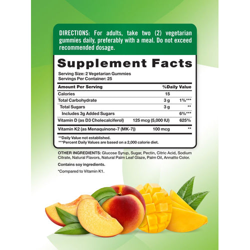 Image of the Supplement Facts panel for NT K2 + D3 showing 50 gummies details.