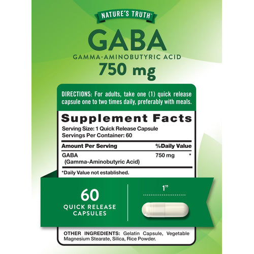A 1-inch quick release capsule contains GABA 750 mg, displayed on a hand scale.