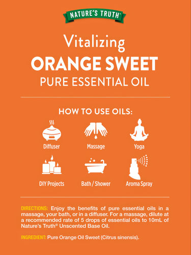 Nature's Truth Vitalizing Orange Sweet Pure Essential Oil graphic: How to use oils with icons for Diffuser, Massage, Yoga, DIY Projects, Bath/Shower, Aroma Spray.