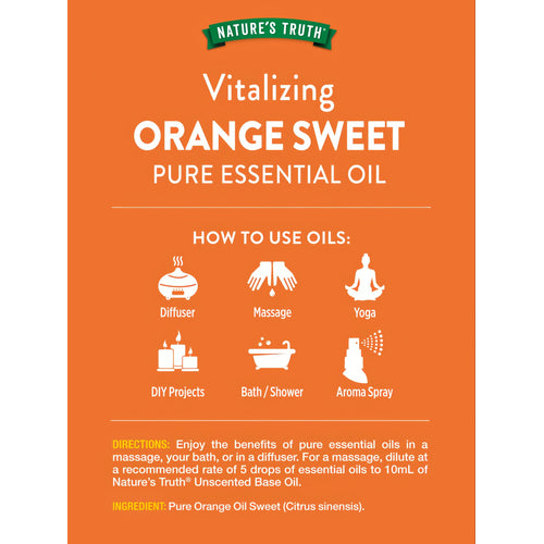 Nature's Truth Vitalizing Orange Sweet Pure Essential Oil graphic: How to use oils with icons for Diffuser, Massage, Yoga, DIY Projects, Bath/Shower, Aroma Spray.