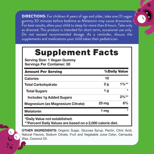 Label showing Supplement Facts for Kids Magnesium & Melatonin, 50 Gummies.