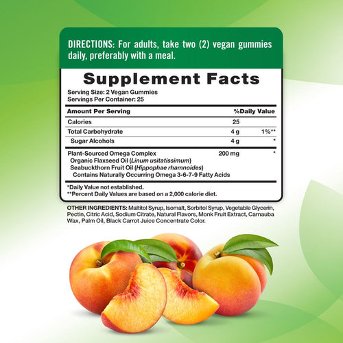 Supplement Facts panel displaying details for NT Omega 3-6-7-9, featuring 50 gummies per container.