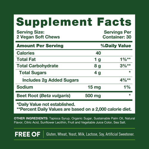 A Supplement Facts panel displays information for NT Beet Root, containing 60 soft chews.