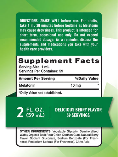 NT Melatonin 10 mg liquid, 2 fl. oz. (59 mL), delicious berry flavor, 59 servings.