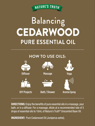 Balancing Cedarwood Pure Essential Oil infographic showing uses: Diffuser, Massage, Yoga, DIY Projects, Bath/Shower, Aroma Spray.