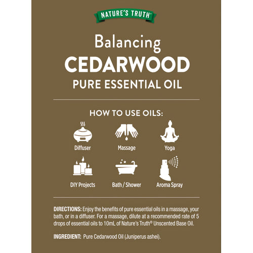View 2 Balancing Cedarwood Pure Essential Oil infographic showing uses: Diffuser, Massage, Yoga, DIY Projects, Bath/Shower, Aroma Spray.