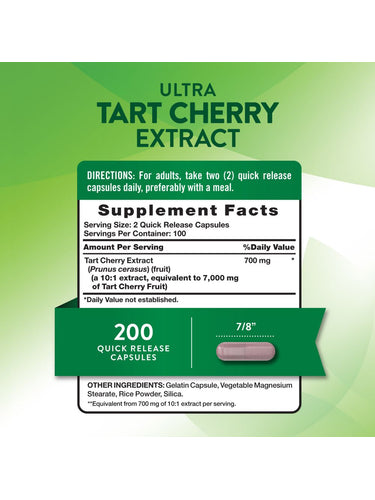 Tart Cherry quick release capsule measuring 7/8 inch long, shown on a bulk scale for size reference.