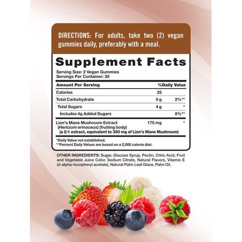 Label showing the Supplement Facts for Lion's Mane 60 Gummies.