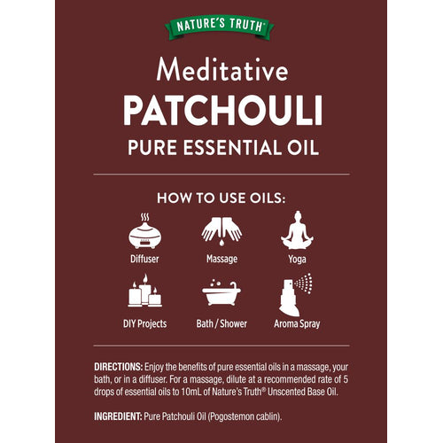 Meditative Patchouli Pure Essential Oil graphic: How to use (Diffuser, Massage, Yoga, DIY, Bath/Shower, Aroma Spray), Directions, Ingredient.
