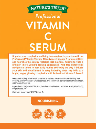 Professional 2 oz Vitamin C Serum, paraben, gluten, and SLS free, shown on a digital hand scale.