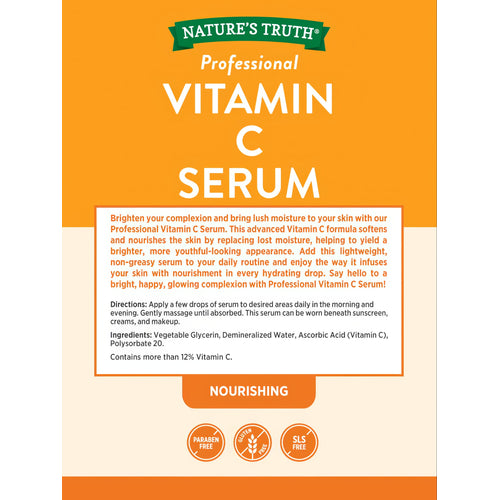Professional 2 oz Vitamin C Serum, paraben, gluten, and SLS free, shown on a digital hand scale.