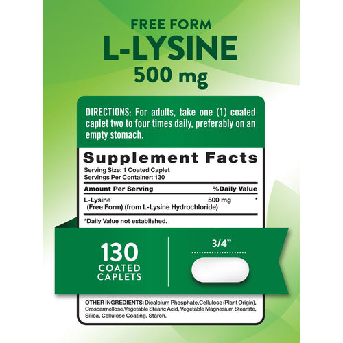 View 2 A white 3/4 inch L-Lysine 500 mg coated caplet on a bulk scale.
