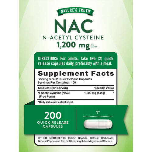 NAC N-Acetyl 200 Capsules Supplement Facts panel displayed on product packaging.