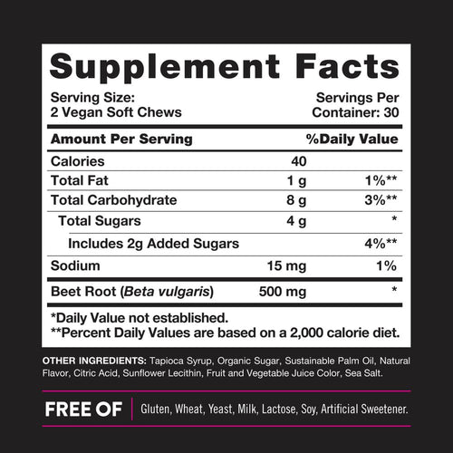 Supplement Facts panel for Beet Root NOS showing nutritional information on 60 soft chews.