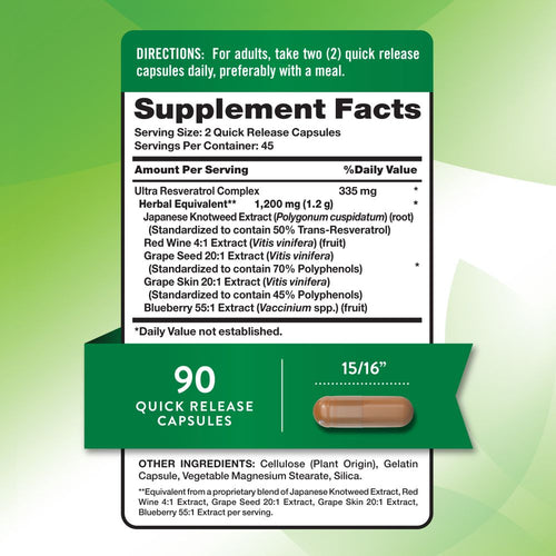 Supplement Facts panel for NT Resveratrol 1200 mg, 90 capsules, shown on hand scale.