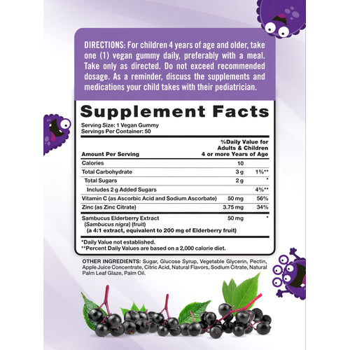Supplement Facts panel for NT Kids Elderberry Complex 50 Gummies displayed on a hand scale.
