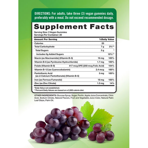 Supplement Facts panel showing NT Iron 18 mg with a count of 60 gummies.