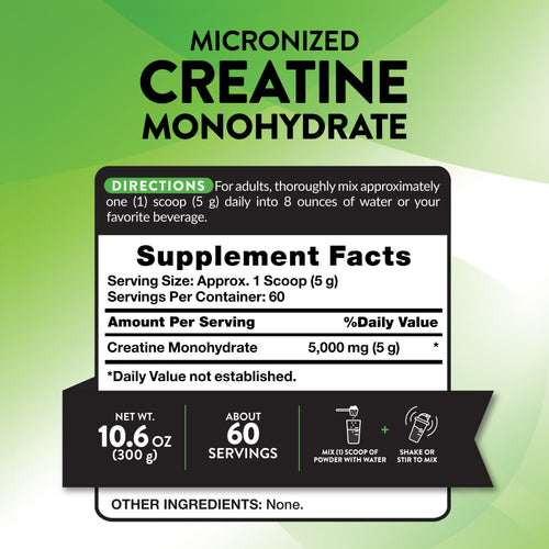 NT Creatine Powder features micronized creatine monohydrate, weighing 10.6 oz (300 g), offering 60 servings.