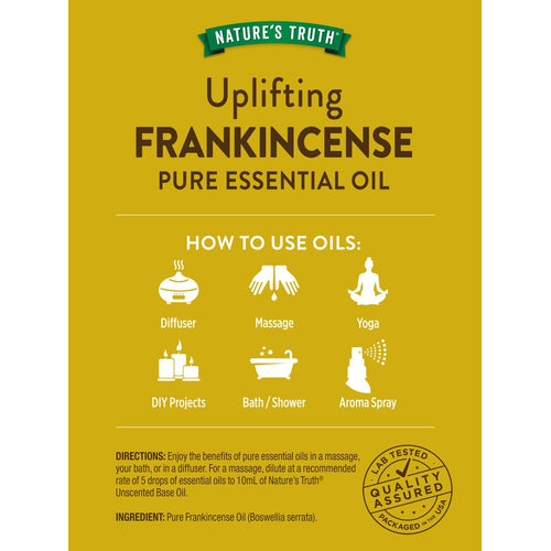 Infographic: Uses of Frankincense Oil, including Diffuser, Massage, Yoga, DIY, Bath/Shower, Aroma Spray. Lab Tested, Quality Assured.