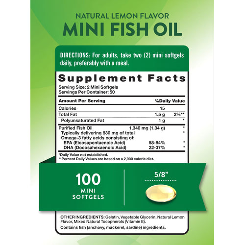 Hand holds a bottle of 100 mini fish oil softgels, each measuring 5/8 inch long.