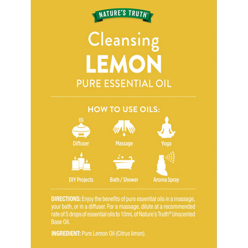 Cleansing Lemon Pure Essential Oil infographic showing uses: Diffuser, Massage, Yoga, DIY Projects, Bath/Shower, Aroma Spray.