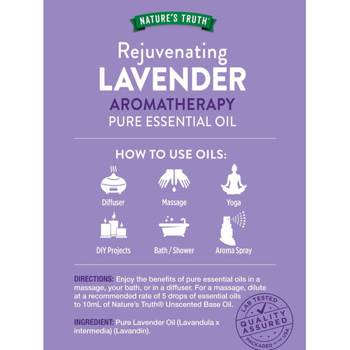 Infographic stating Lavender Oil uses: Diffuser, Massage, Yoga, DIY Projects, Bath/Shower, Aroma Spray. Lab Tested, Quality Assured.