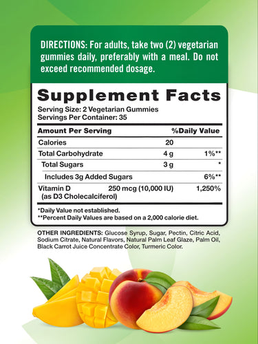 Supplement Facts panel showing details for NT D3 10,000 IU (250mcg) with 70 gummies.