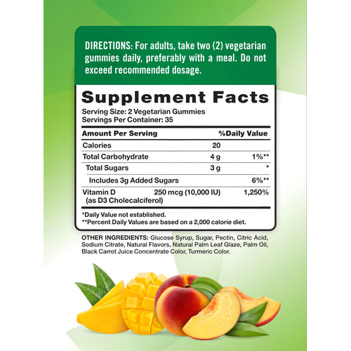 Supplement Facts panel showing details for NT D3 10,000 IU (250mcg) with 70 gummies.