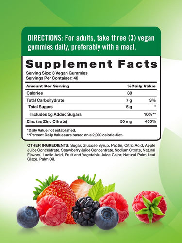The Supplement Facts panel for Zinc Gummies shows details for a bottle containing 120 count, highlighting nutritional information.