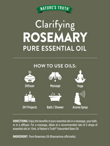 Clarifying Rosemary Pure Essential Oil graphic displaying usage methods: Diffuser, Massage, Yoga, DIY Projects, Bath/Shower, Aroma Spray.