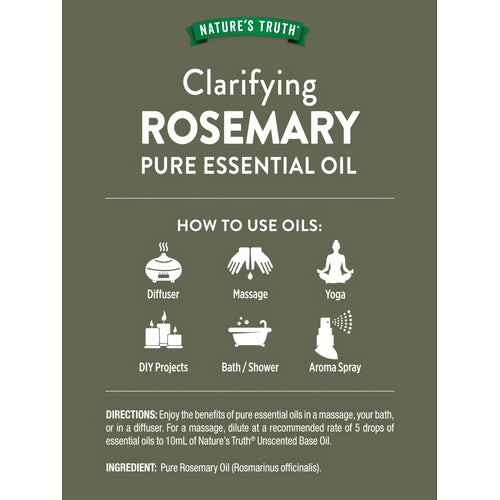 Clarifying Rosemary Pure Essential Oil graphic displaying usage methods: Diffuser, Massage, Yoga, DIY Projects, Bath/Shower, Aroma Spray.