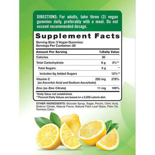 Hand holding NT C + Zinc gummies bottle with Supplement Facts panel visible, containing 60 gummies, emphasizing nutritional details.