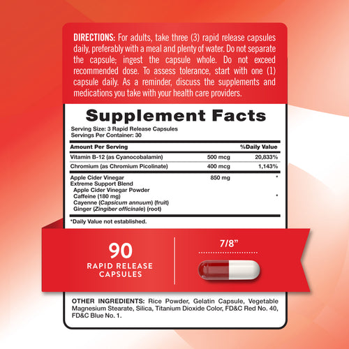 NT Apple Lean 90 Rapid Release Capsules label displays Supplement Facts, Directions, Other Ingredients, and 7/8-inch capsule.