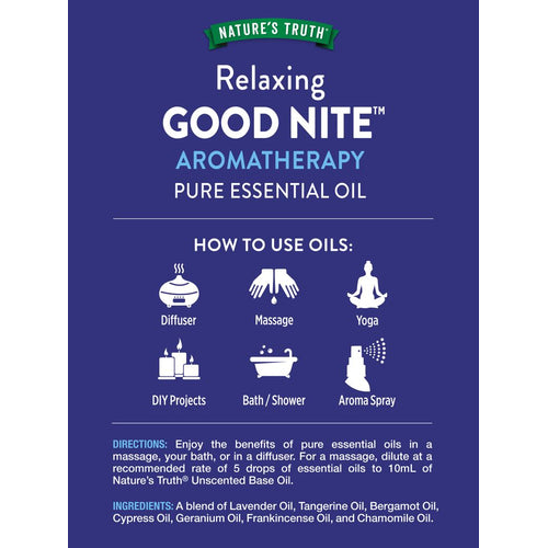 NATURE'S TRUTH® Relaxing GOOD NITE™ Aromatherapy Essential Oil graphic showing usage instructions and ingredients.