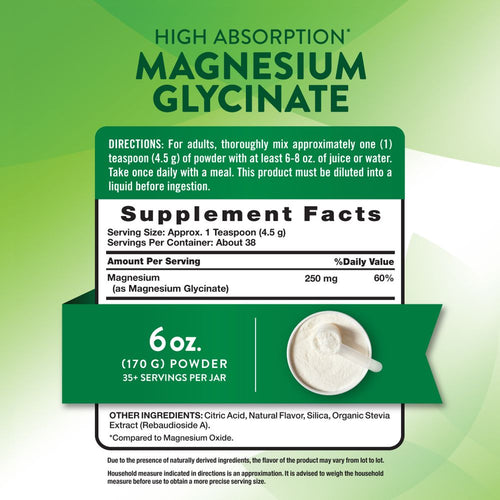 Magnesium Glycinate powder in a scoop, shown as a 1 teaspoon (4.5 g) serving.