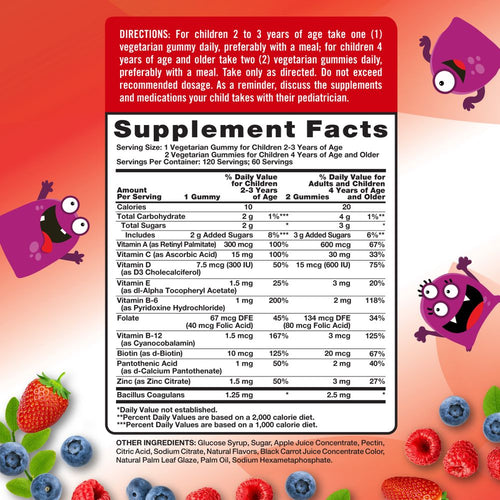Supplement Facts for NT Kids Multi + Probiotic 120 Gummies on a hand scale.