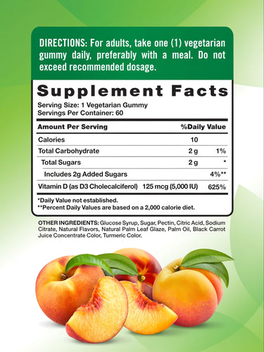 Label showing Supplement Facts for D3 5000 IU (125 mcg), 60 Gummies.