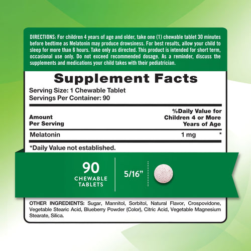 A round chewable tablet on a hand scale, measuring 5/16 inches in diameter.