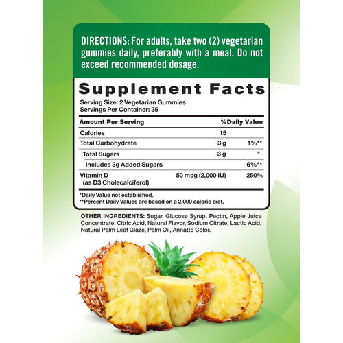 Image of Supplement Facts panel for NT D3 2000 IU (50 mcg) with 70 gummies described.