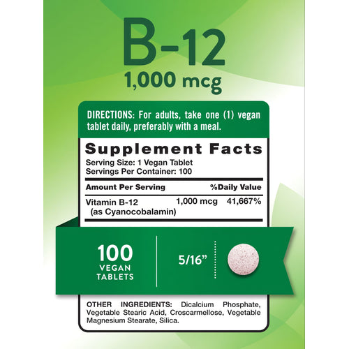 Vegan B-12 supplement tablet with 1,000 mcg dosage, size 5/16 inch, shown on a hand scale for measurement reference.