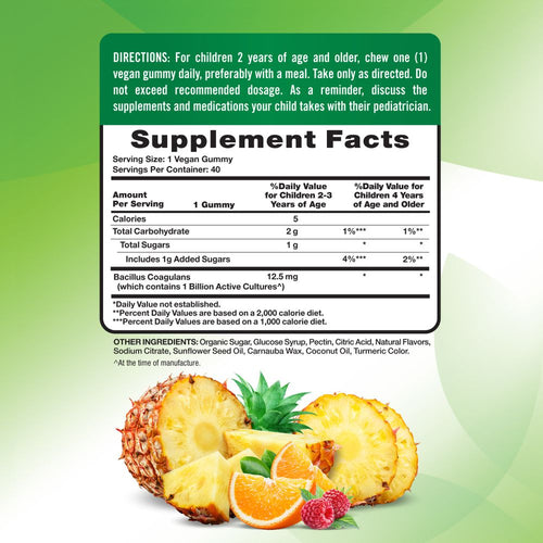 Supplement Facts panel displayed for children's probiotic gummy, detailing nutritional information and ingredients.