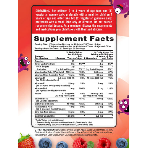 Supplement Facts panel for NT Kids Multi + Probiotic showing 60 gummies.