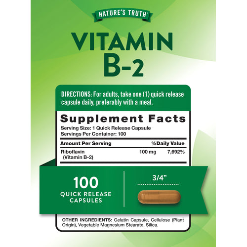 Nature's Truth Vitamin B-2 (Riboflavin 100 mg), 100 Quick Release Capsules. Features Directions and Supplement Facts.